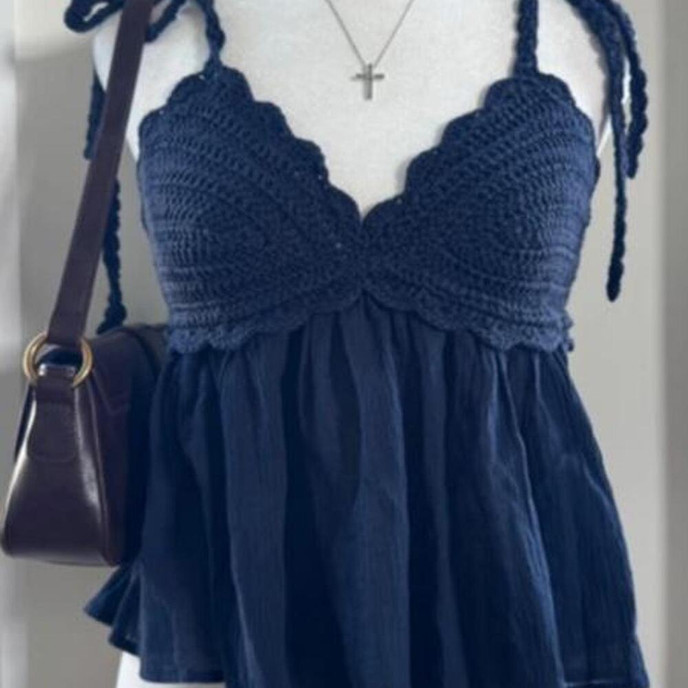 Navy blue crochet bust flow tank top with tie straps